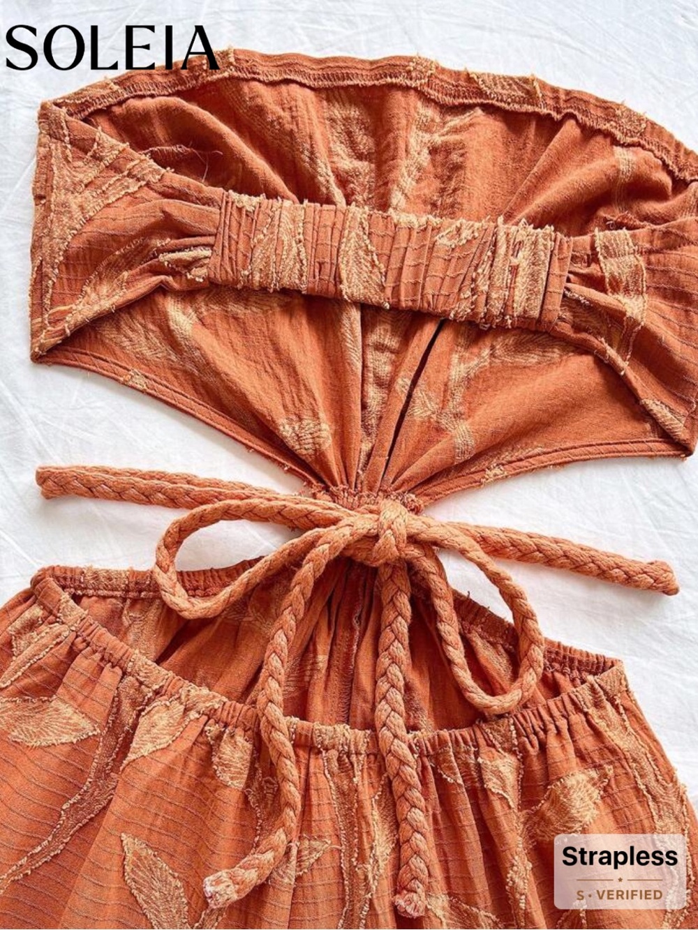 Rust Orange Strapless Flowy Leaf Leaves Textured Cutout Romper Playsuit L Large - Picture 3 of 3